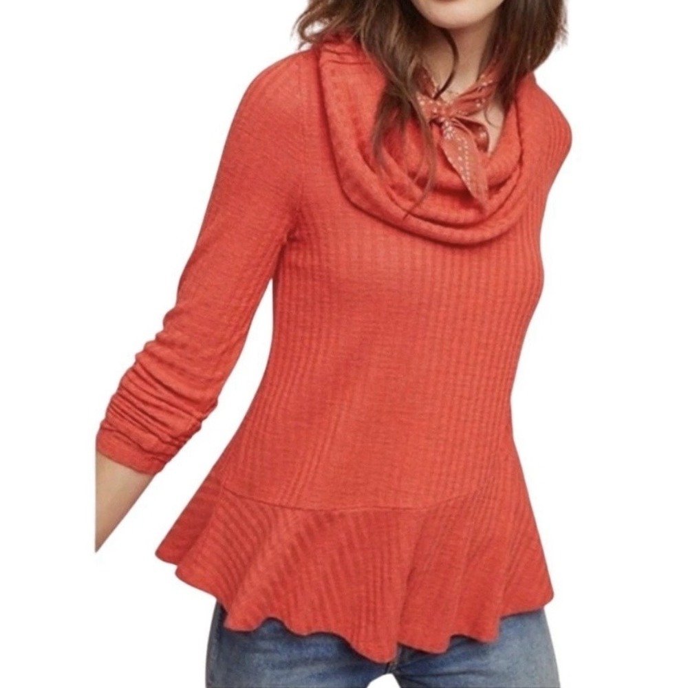 Anthropologie Women's M Maeve Addie Ruffled Hacci Pullover Cowl Neck Orange Cozy